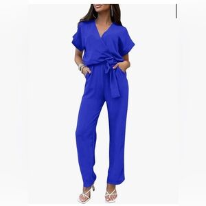 PRETTYGARDEN Womens Short Sleeve Wrap V Neck Belted Wide Leg Jumpsuit worn once